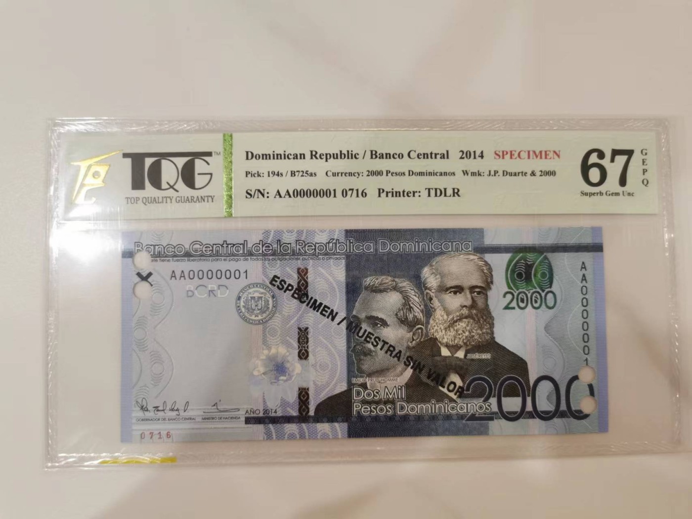 258.【鲸贝乐淘★两拍包邮】弟子规·第“物虽小，勿私藏。苟私藏，亲心伤。”号拍卖 【多米尼加共和国🇩🇴★全零票样编号0716】2014年2000比索，TQG66G