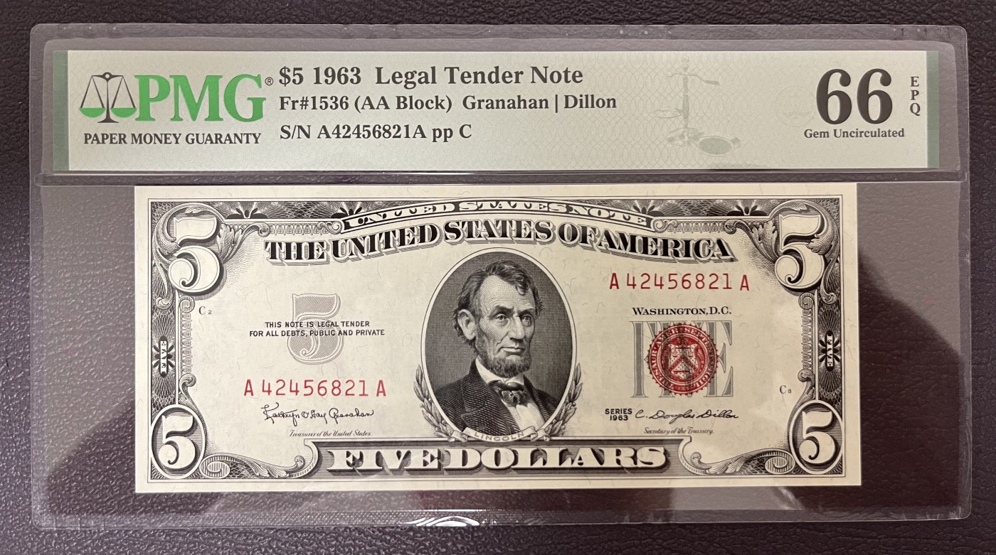 Chase Auction 第22期 - - 外钞、民国钞和人民币混合场！ 1963版 5美元 政府券United State Note A区首发A冠 PMG严格评级66EPQ