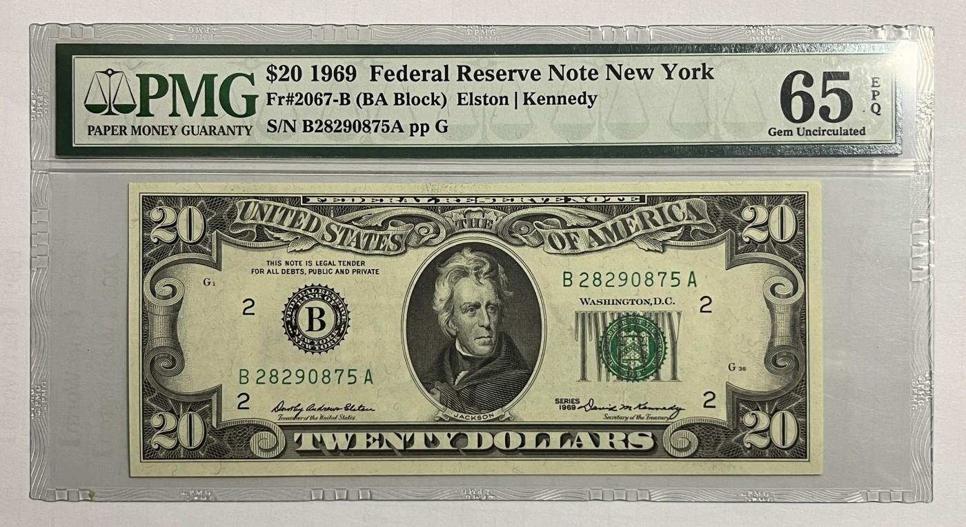 Chase Auction 第22期 - - 外钞、民国钞和人民币混合场！ 1969版 20美元 小头版 经典版 老版本 B区首发A冠 号码无4 PMG老壳严格评级65EPQ