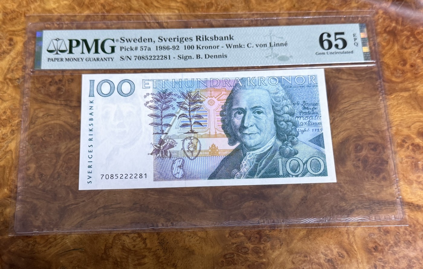 Chase Auction 第22期 - - 外钞、民国钞和人民币混合场！ 1986年瑞典100克朗，PMG65，昆虫学家林奈！