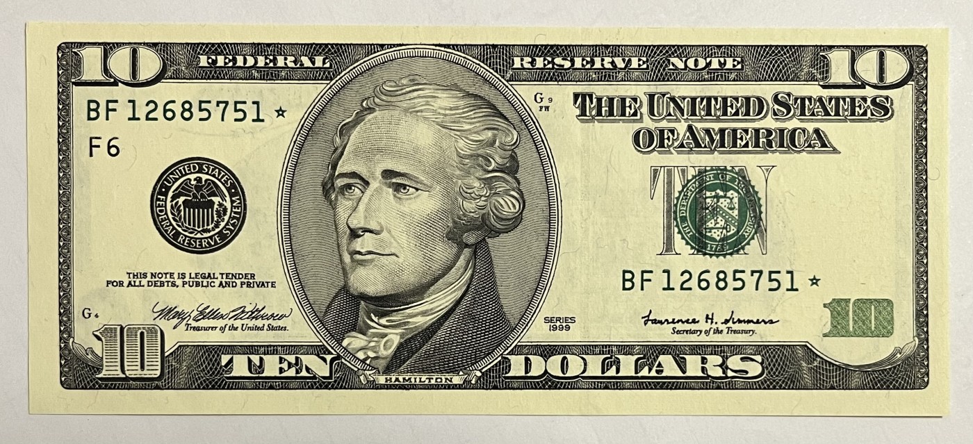 Chase Auction 第22期 - - 外钞、民国钞和人民币混合场！ 1999版 10美元 大头版 发行量最少的年份号 德克萨斯州Fort Worth第二印钞厂印刷 号码无4 星补号