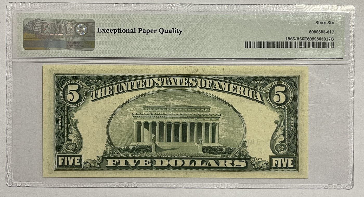 Chase Auction 第22期 - - 外钞、民国钞和人民币混合场！ 1950E版 5美元 小头版 早期年份 PMG严格评级66EPQ