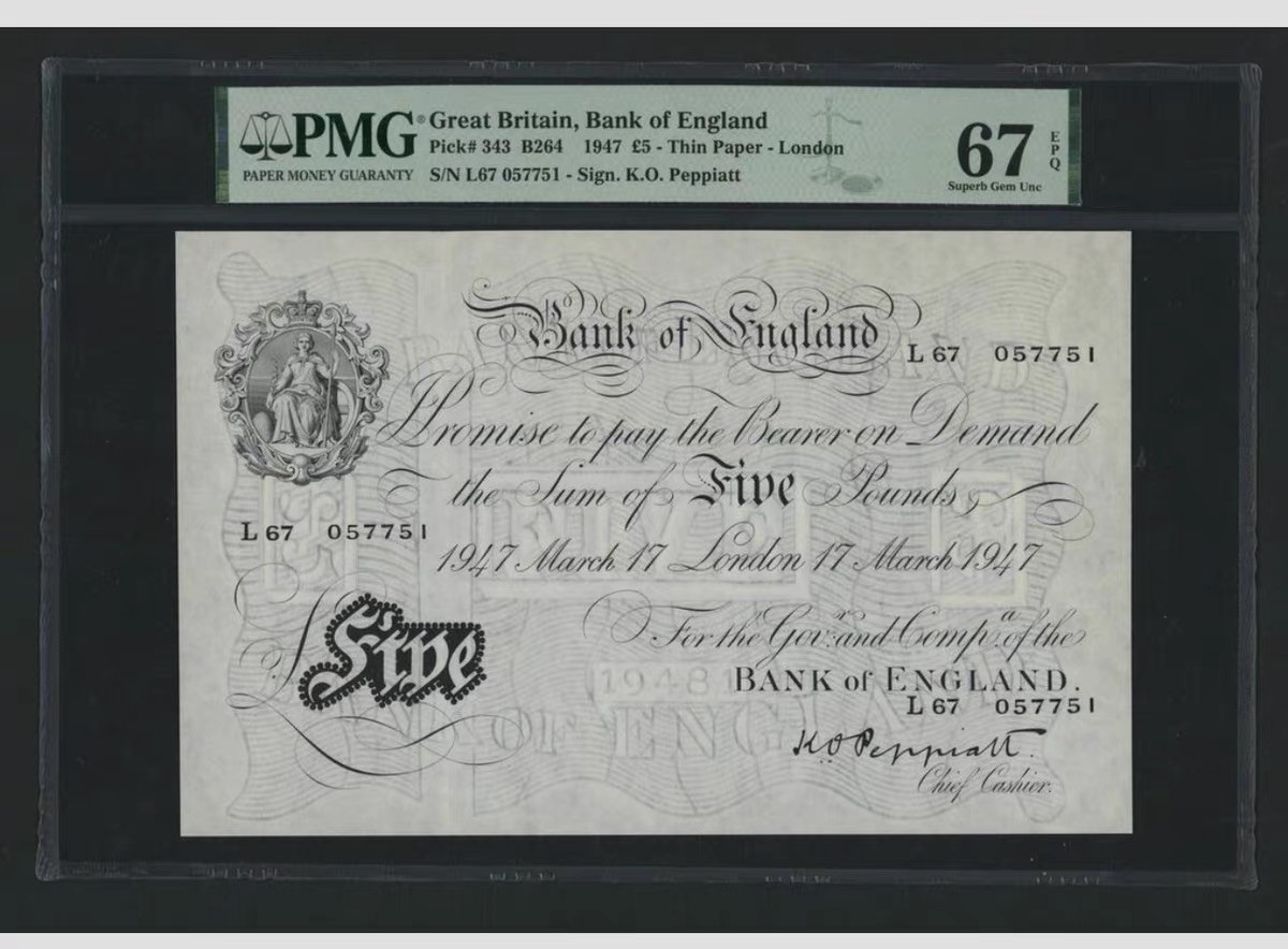 收藏联盟Quantum Auction 第320期拍卖  英国1947年5镑 大票幅白镑精品 冠军分PMG67 号码无4