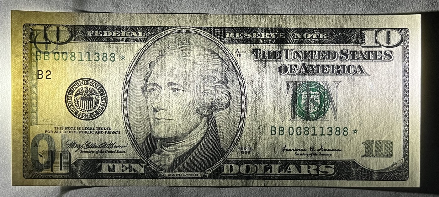 Chase Auction 第22期 - - 外钞、民国钞和人民币混合场！ 1999版 10美元 大头版 发行量最少的年份号 德克萨斯州Fort Worth第二印钞厂印刷 准倒置号（除了一个3，其余都是倒置号码）号码无47 双尾88 星补号