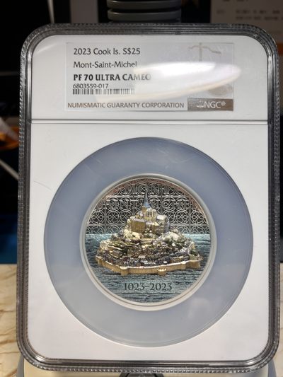 【海寕潮】拍卖第九十八期【年前狂欢节第三场】 - 【海寧潮】库克2023年圣米歇尔山5盎司高浮雕彩银币NGC-PF70原盒证书原价5200元