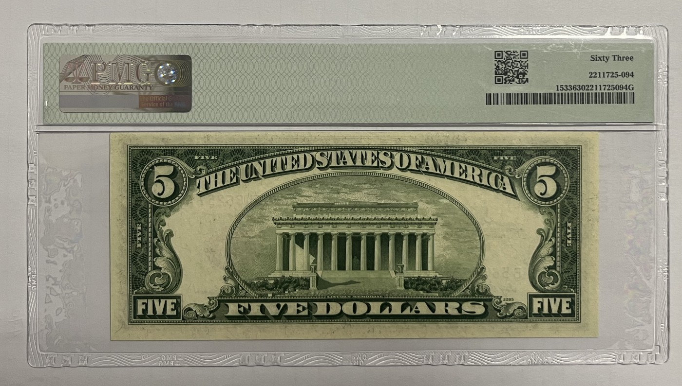 Chase Auction 第22期 - - 外钞、民国钞和人民币混合场！ 1953A版 5美元 政府券United State Note B区首发A冠 PMG严格评级63