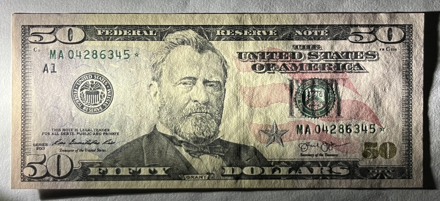 Chase Auction 第22期 - - 外钞、民国钞和人民币混合场！ 2013版 50美元 彩色版 A区星补号 德克萨斯州Fort Worth第二印钞厂印刷
