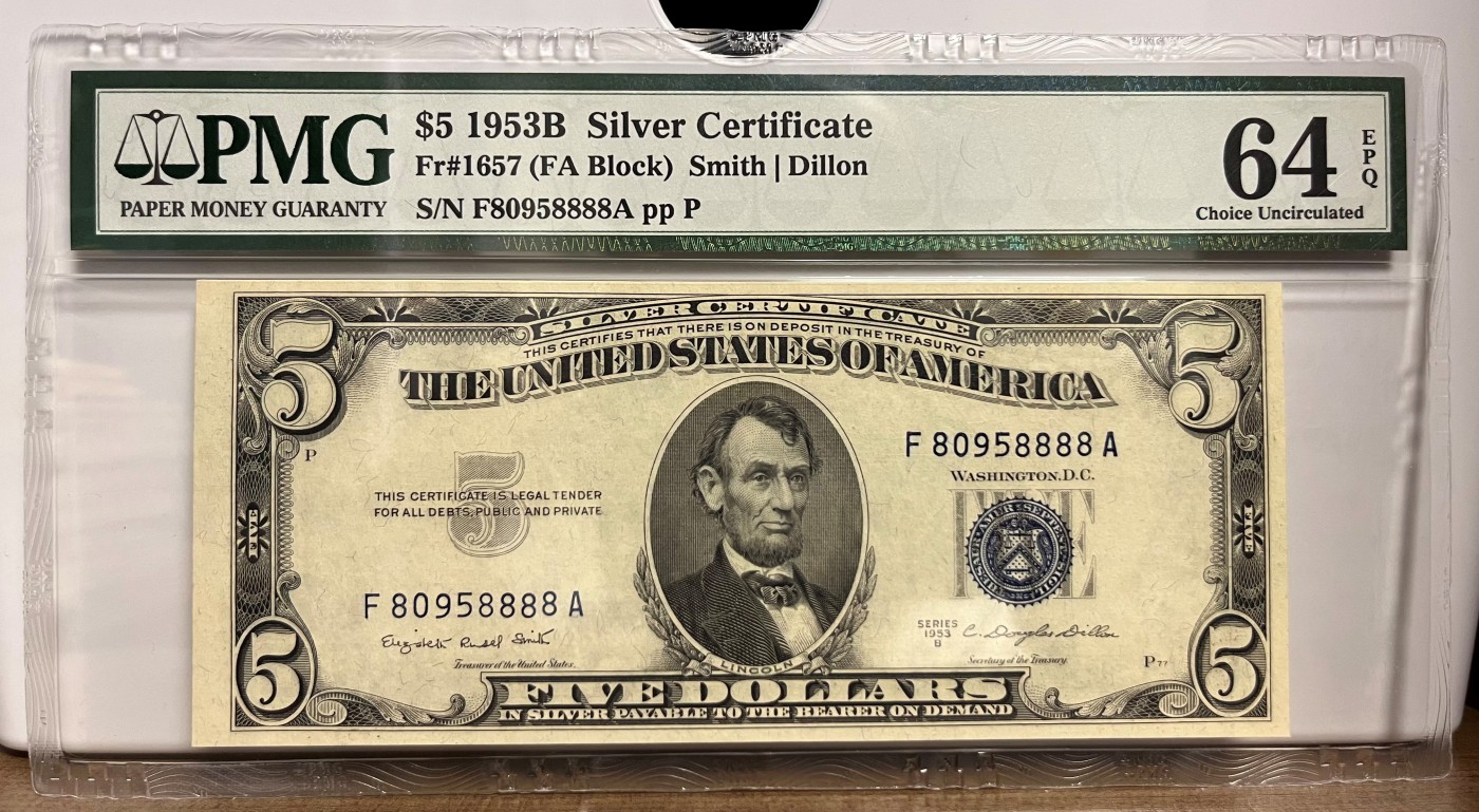 Chase Auction 第22期 - - 外钞、民国钞和人民币混合场！ 1953B版 5美元 银币券 Silver Certificate 狮子尾8888 准倒置号（除了一个5，其余都是倒置号码）PMG老壳严格评级64EPQ 