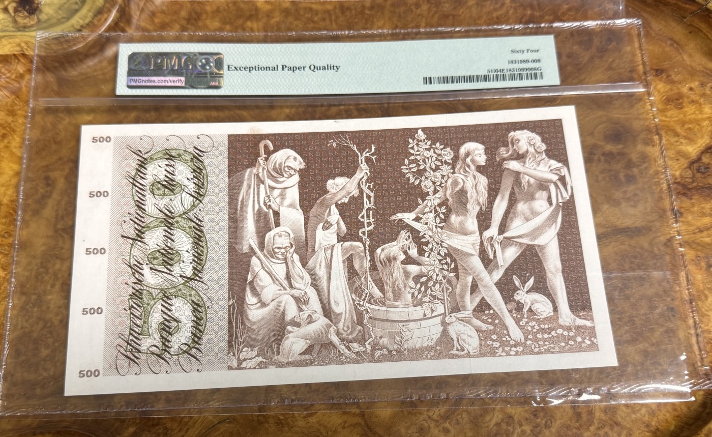 Chase Auction 第22期 - - 外钞、民国钞和人民币混合场！ 1974年瑞士500法郎，PMG64e，青春泉！