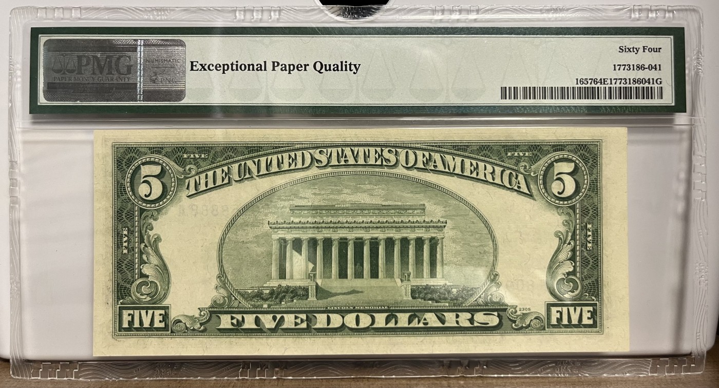 Chase Auction 第22期 - - 外钞、民国钞和人民币混合场！ 1953B版 5美元 银币券 Silver Certificate 狮子尾8888 准倒置号（除了一个5，其余都是倒置号码）PMG老壳严格评级64EPQ 