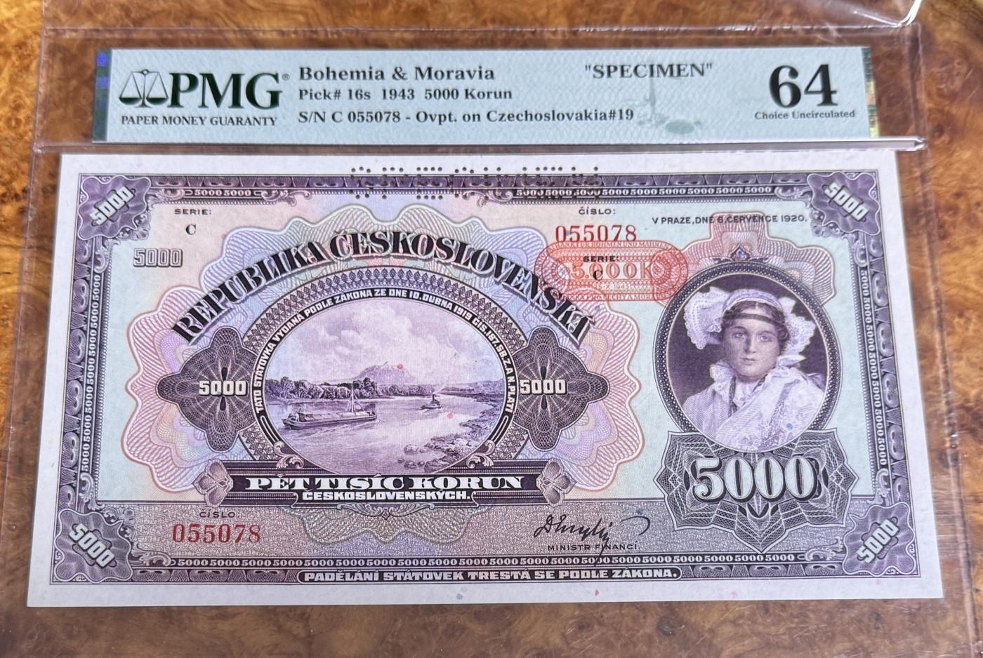 Chase Auction 第22期 - - 外钞、民国钞和人民币混合场！ 1943年捷克斯洛伐克5000克朗，样钞，PMG64！