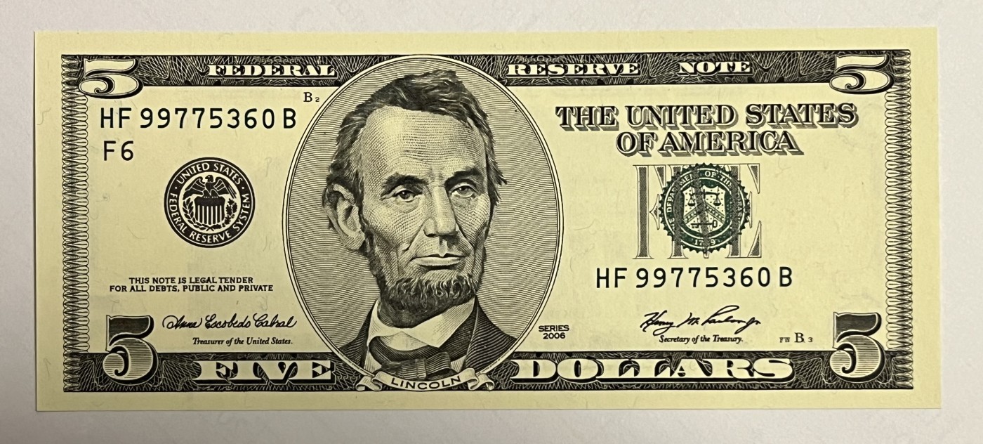 Chase Auction 第22期 - - 外钞、民国钞和人民币混合场！ 2006版 5美元 大头版 德克萨斯州Fort Worth第二印钞厂印刷