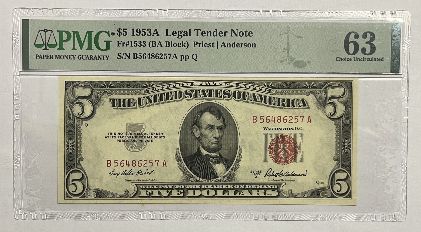 Chase Auction 第22期 - - 外钞、民国钞和人民币混合场！ 1953A版 5美元 政府券United State Note B区首发A冠 PMG严格评级63