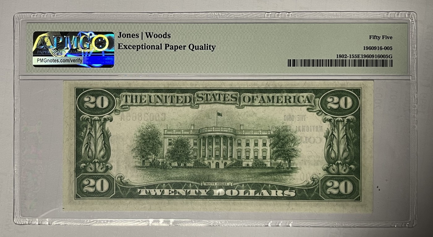 Chase Auction 第22期 - - 外钞、民国钞和人民币混合场！ 1929版 20美元 国民银行券 类型1（type-1）只有一串号码 C区首发A冠 棕色号码 俄亥俄州哥伦布市 PMG严格评级55EPQ（带EPQ比较少）