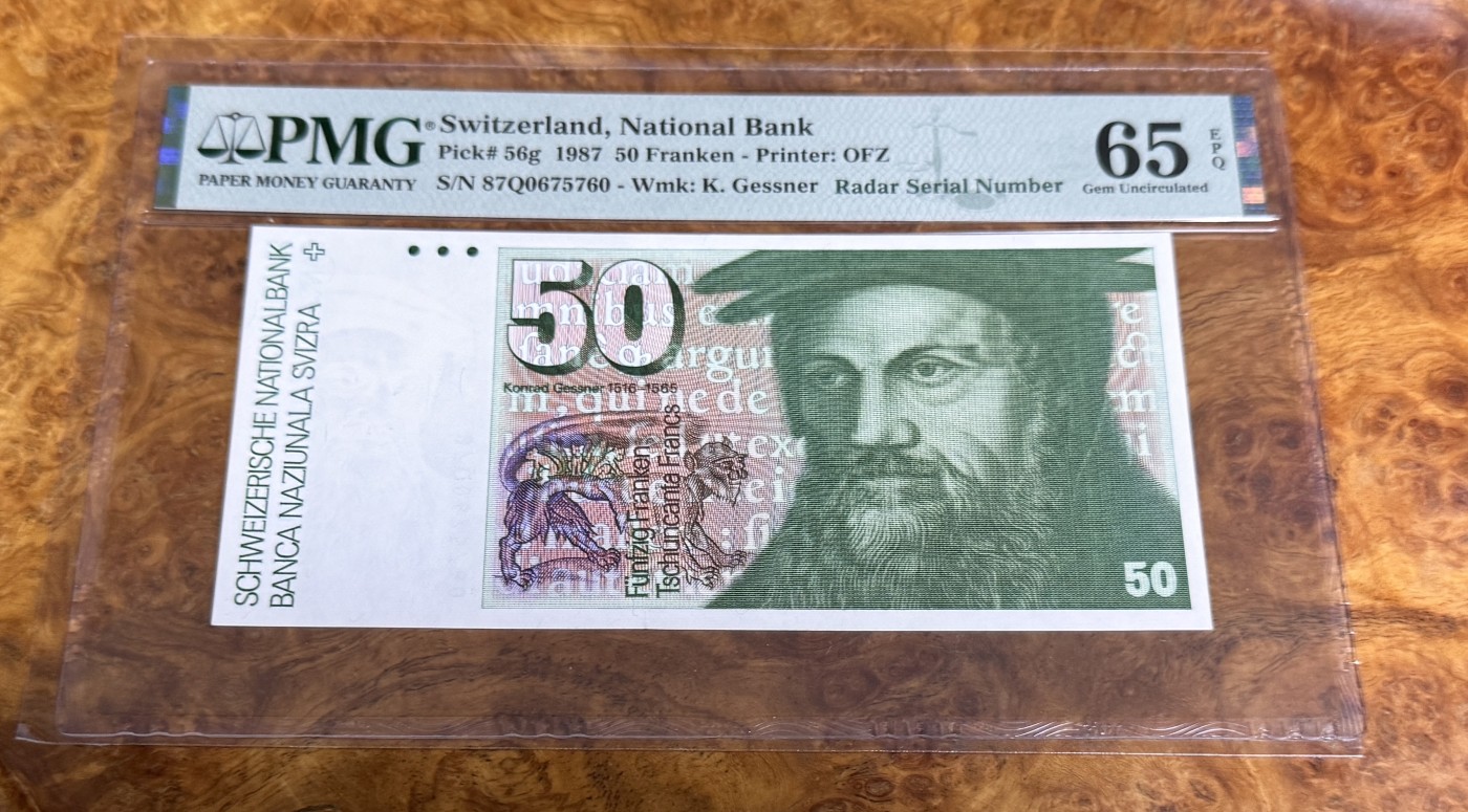 Chase Auction 第22期 - - 外钞、民国钞和人民币混合场！ 1987年瑞士50法郎，PMG65！