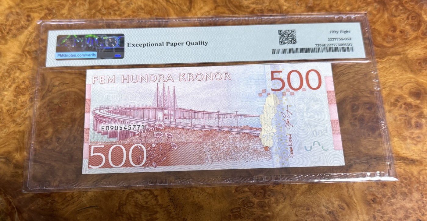 Chase Auction 第22期 - - 外钞、民国钞和人民币混合场！ 2016年瑞典500克朗，PMG58e！