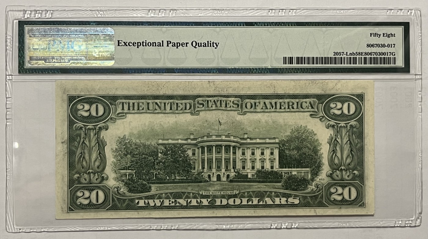 Chase Auction 第22期 - - 外钞、民国钞和人民币混合场！ 1934C版 20美元 新背面New Back（区别于1934C版老背面 Old Back），新背面 白宫样式有所变化，树木更加茂盛，新背面的首发年份号（1934C及其之后都是 新背面）PMG老壳严格评级58EPQ