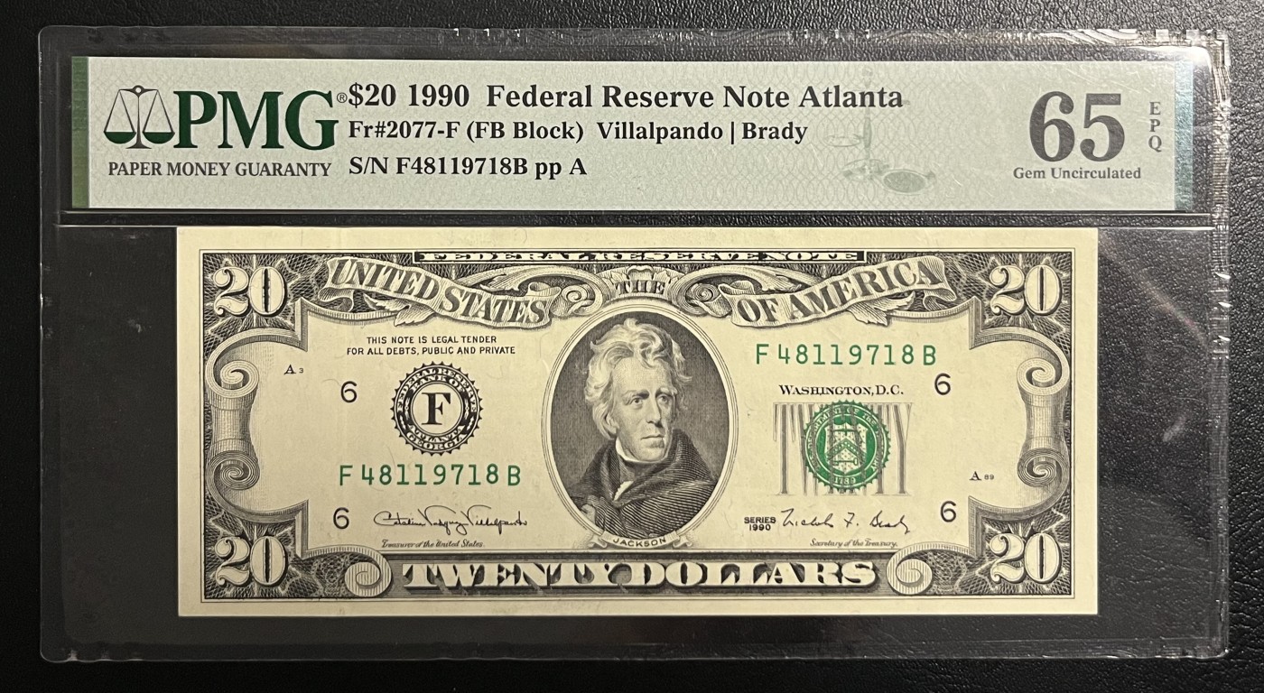 Chase Auction 第22期 - - 外钞、民国钞和人民币混合场！ 1990版 20美元 小头版 经典版 PMG严格评级65EPQ