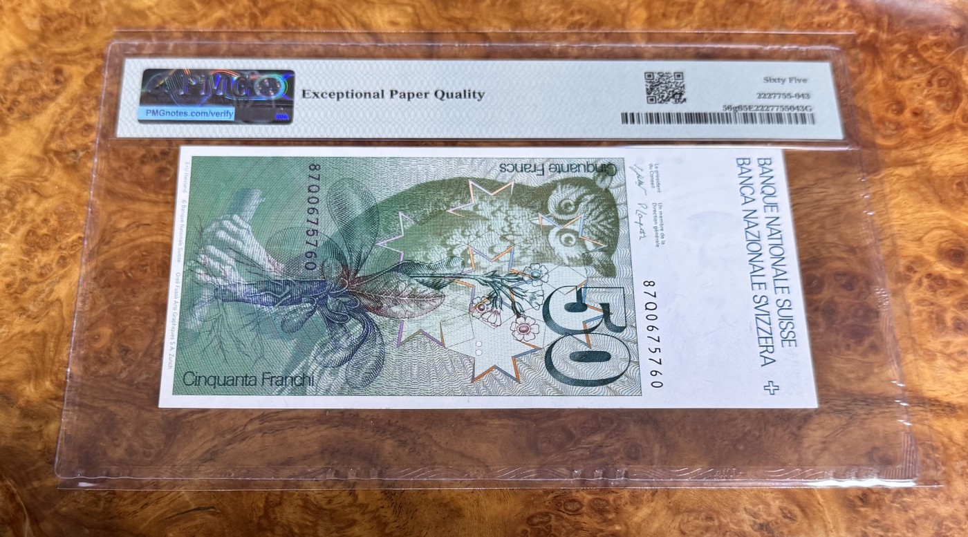 Chase Auction 第22期 - - 外钞、民国钞和人民币混合场！ 1987年瑞士50法郎，PMG65！