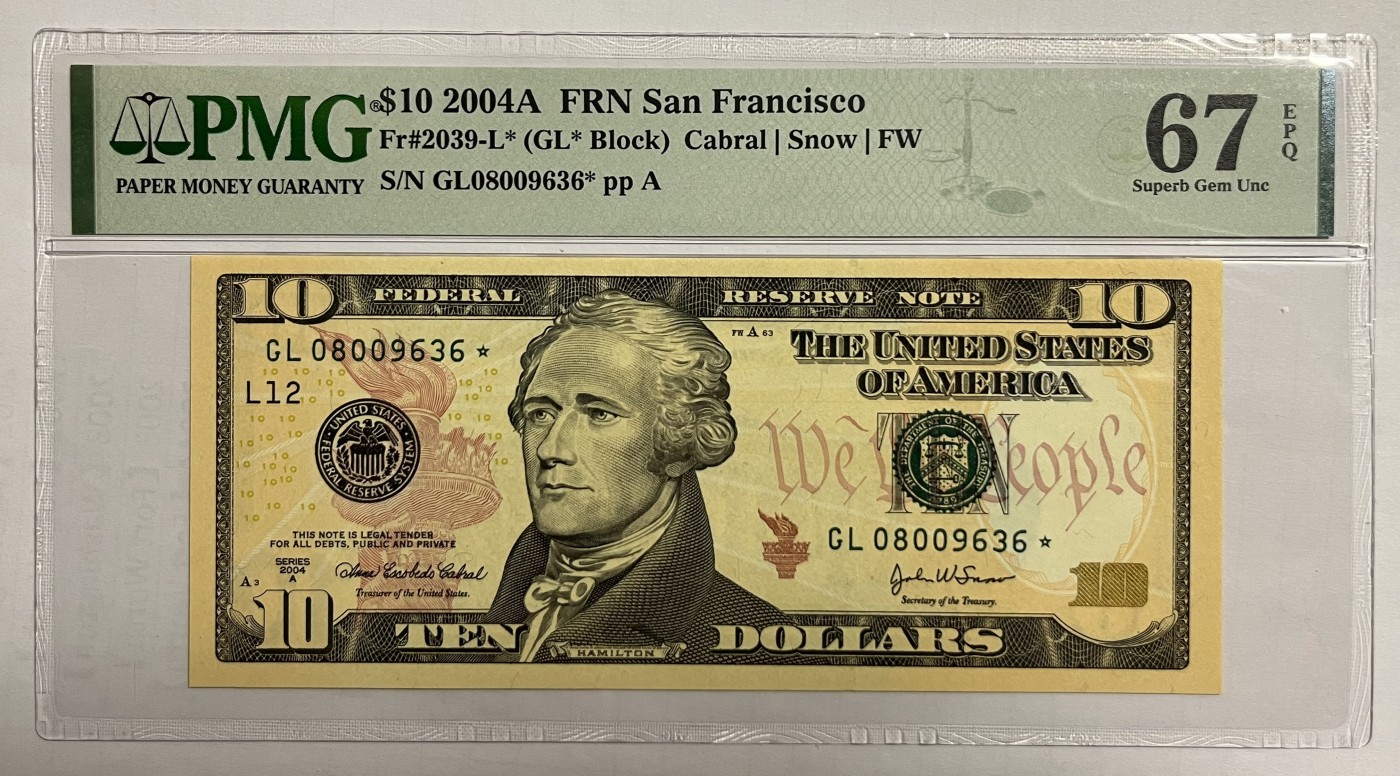 Chase Auction 第22期 - - 外钞、民国钞和人民币混合场！ 2004A版 10美元 彩色版 首发年份 L区星补号 号码无47 准倒置号（除了一个3，其余都是倒置号码）PMG严格评级67EPQ