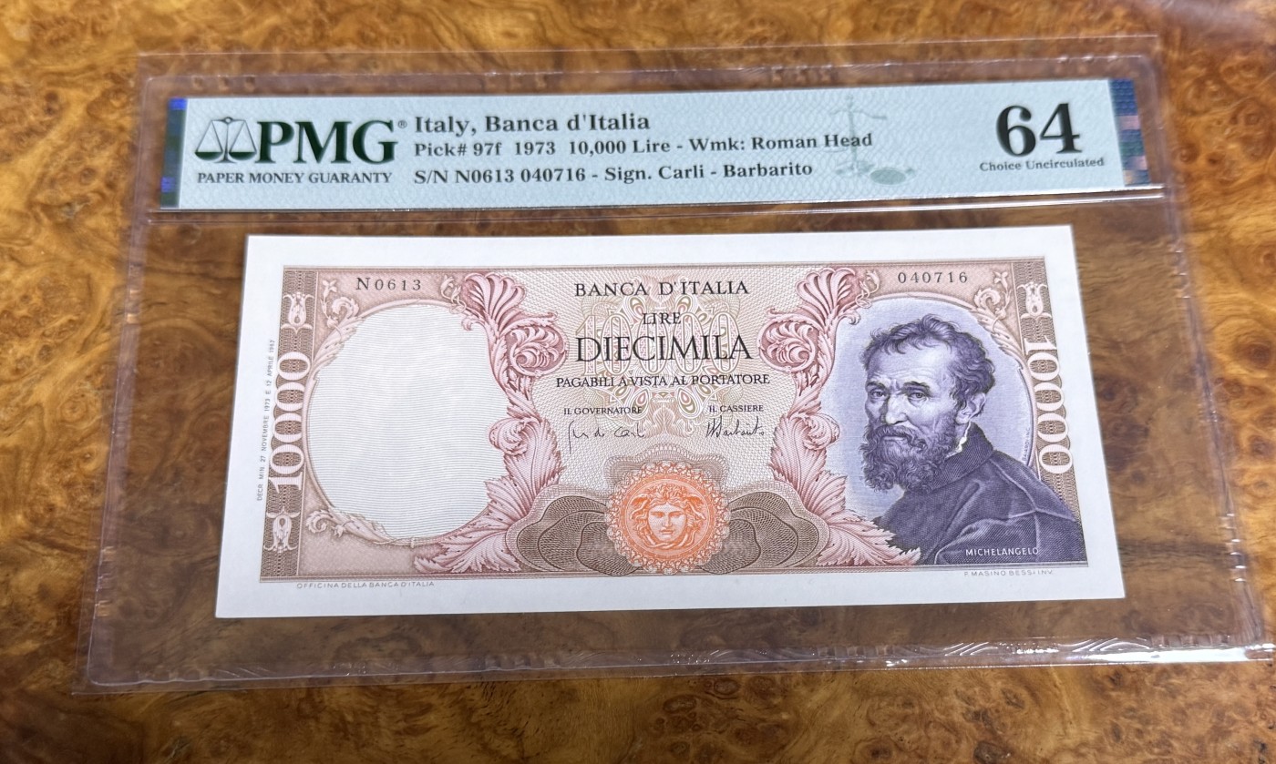 Chase Auction 第22期 - - 外钞、民国钞和人民币混合场！ 1973年意大利10000里拉，PMG64，米开朗基罗！