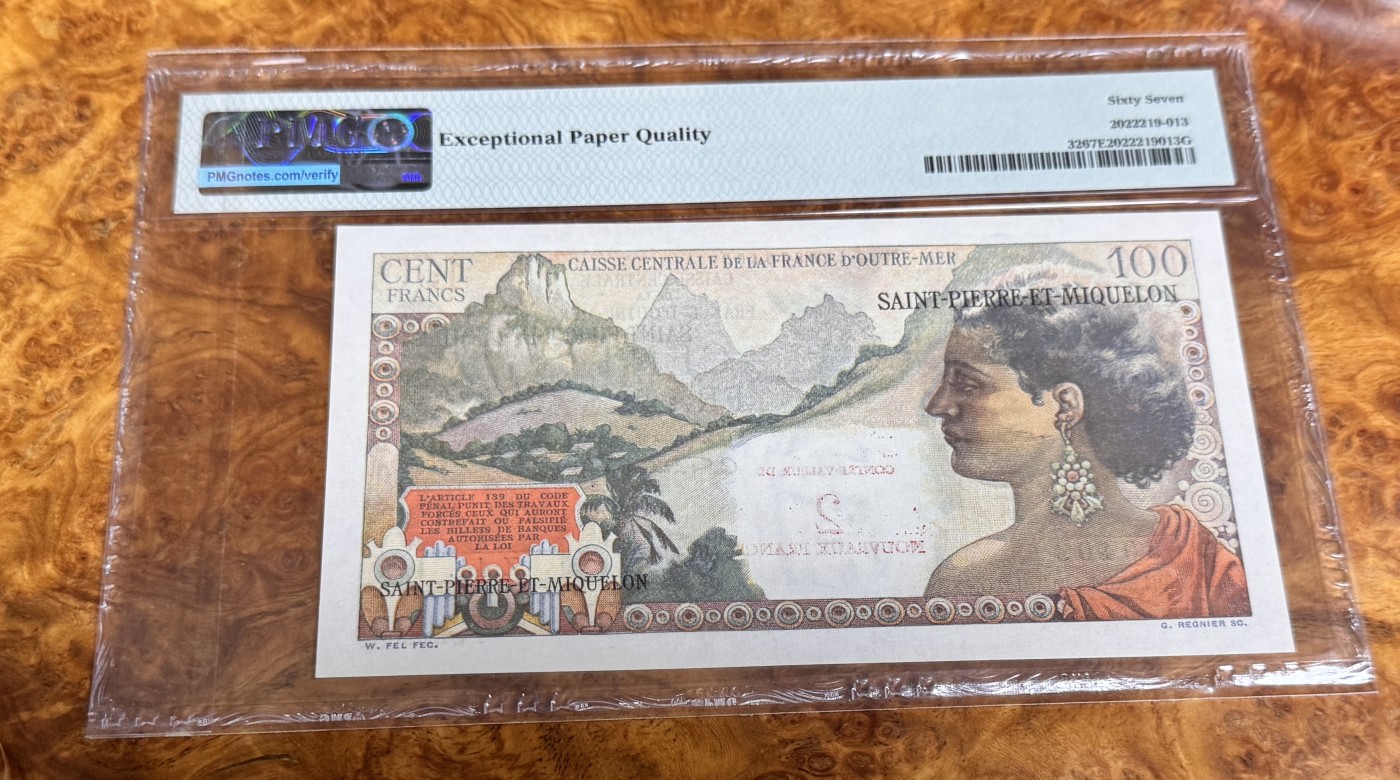 Chase Auction 第22期 - - 外钞、民国钞和人民币混合场！ 1963年圣皮埃尔米克隆2新法郎，PMG67！