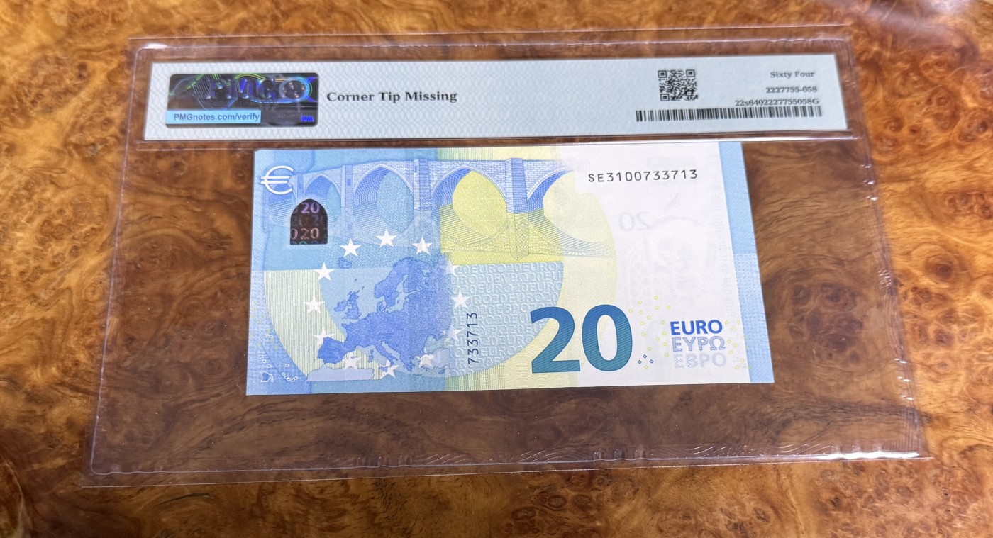 Chase Auction 第22期 - - 外钞、民国钞和人民币混合场！ 2015年意大利20欧元，PMG64！