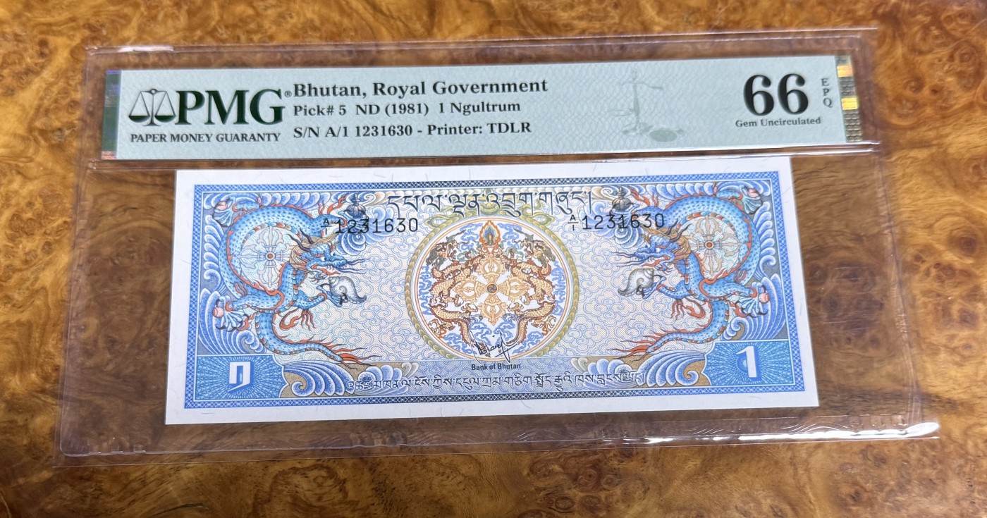 Chase Auction 第22期 - - 外钞、民国钞和人民币混合场！ 1981年不丹1元，PMG66！