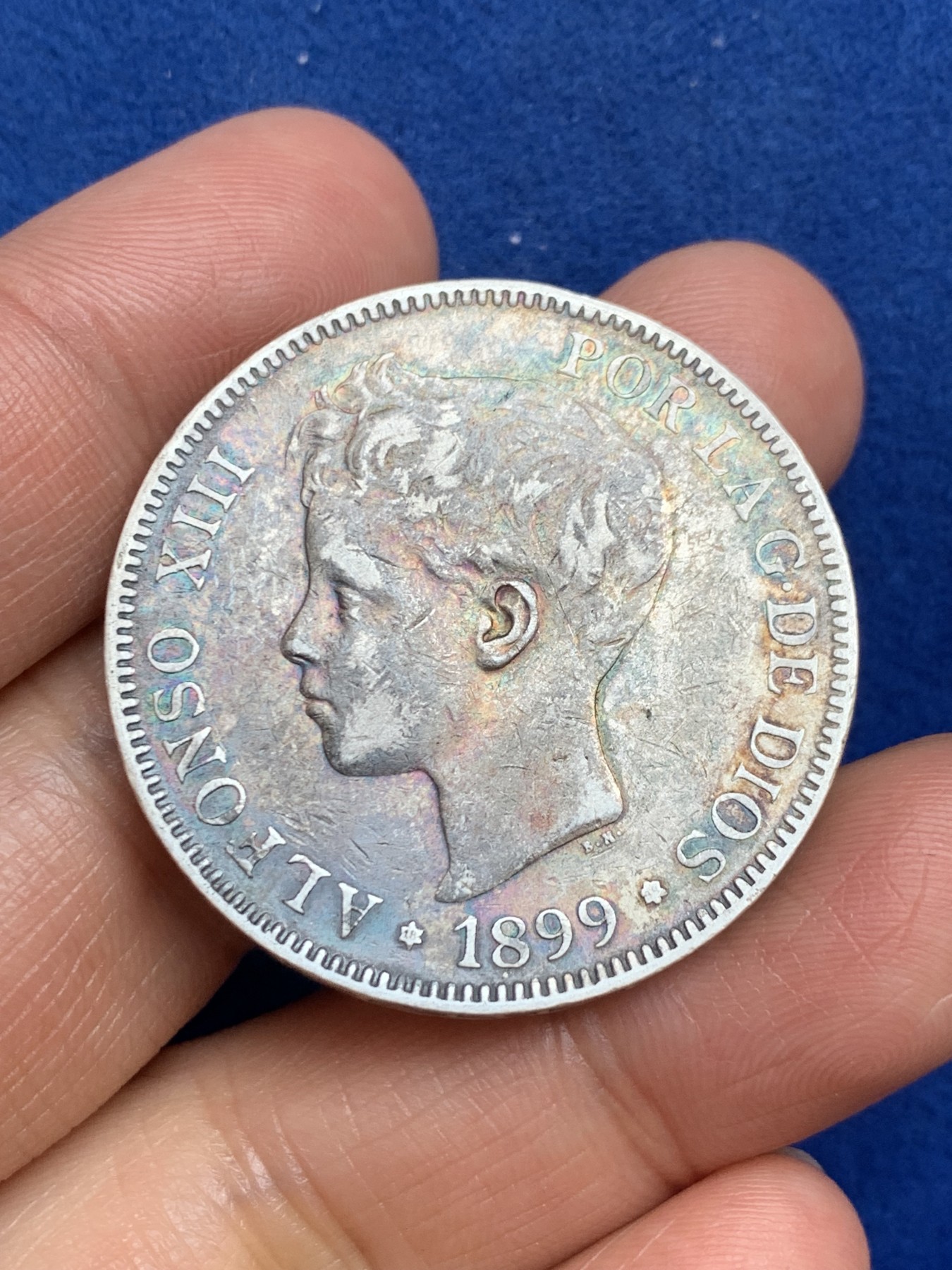 《竞宝斋》第238场-周日，周一，周二，周三 疯狂4连拍 (全场包邮) 西班牙 1899年 国王阿方索十三世 小孩头 5比塞塔 双柱 银币