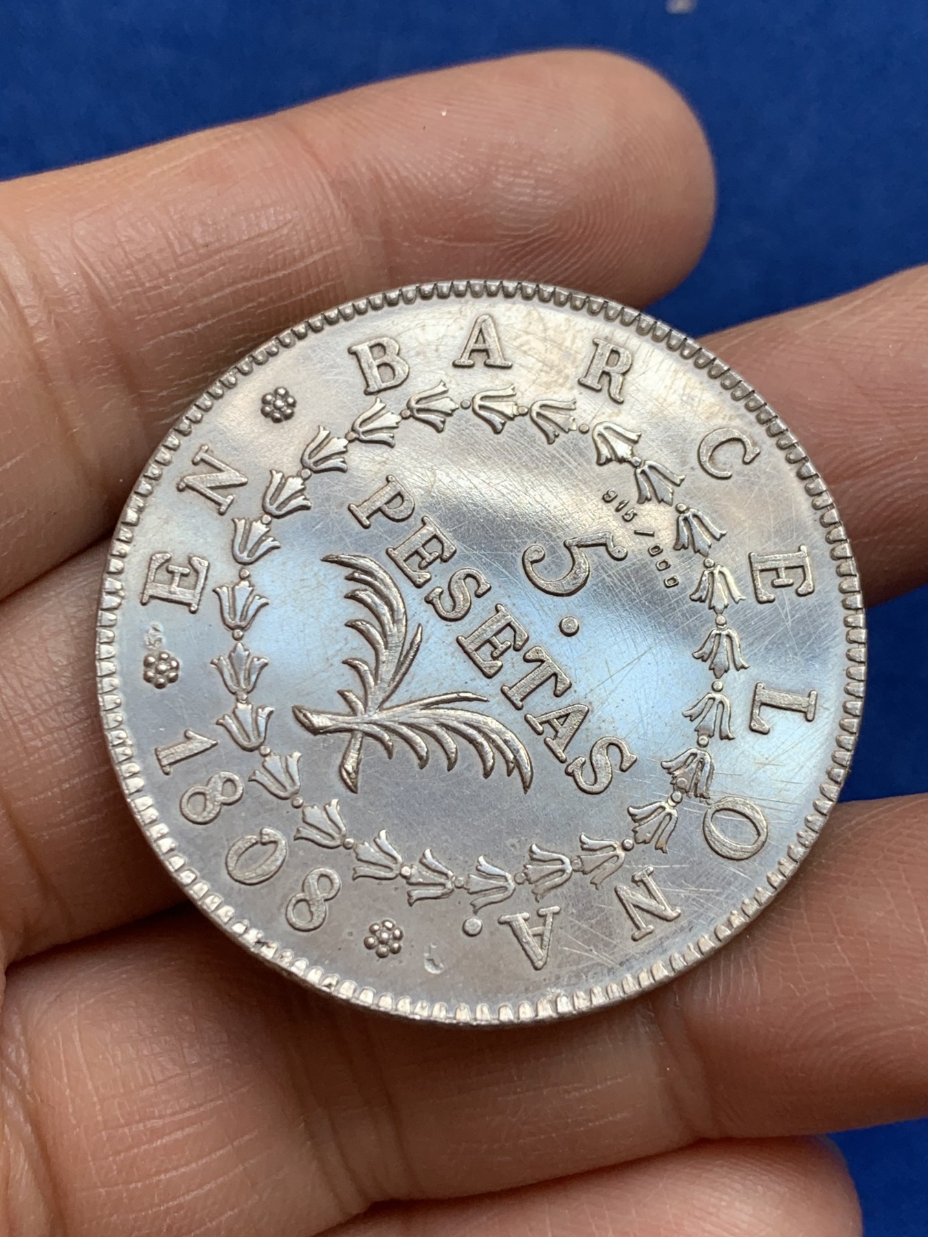 《竞宝斋》第238场-周日，周一，周二，周三 疯狂4连拍 (全场包邮) 西班牙 1973年 纪念巴塞罗那5比塞塔 银章 26.91克 39.7mm