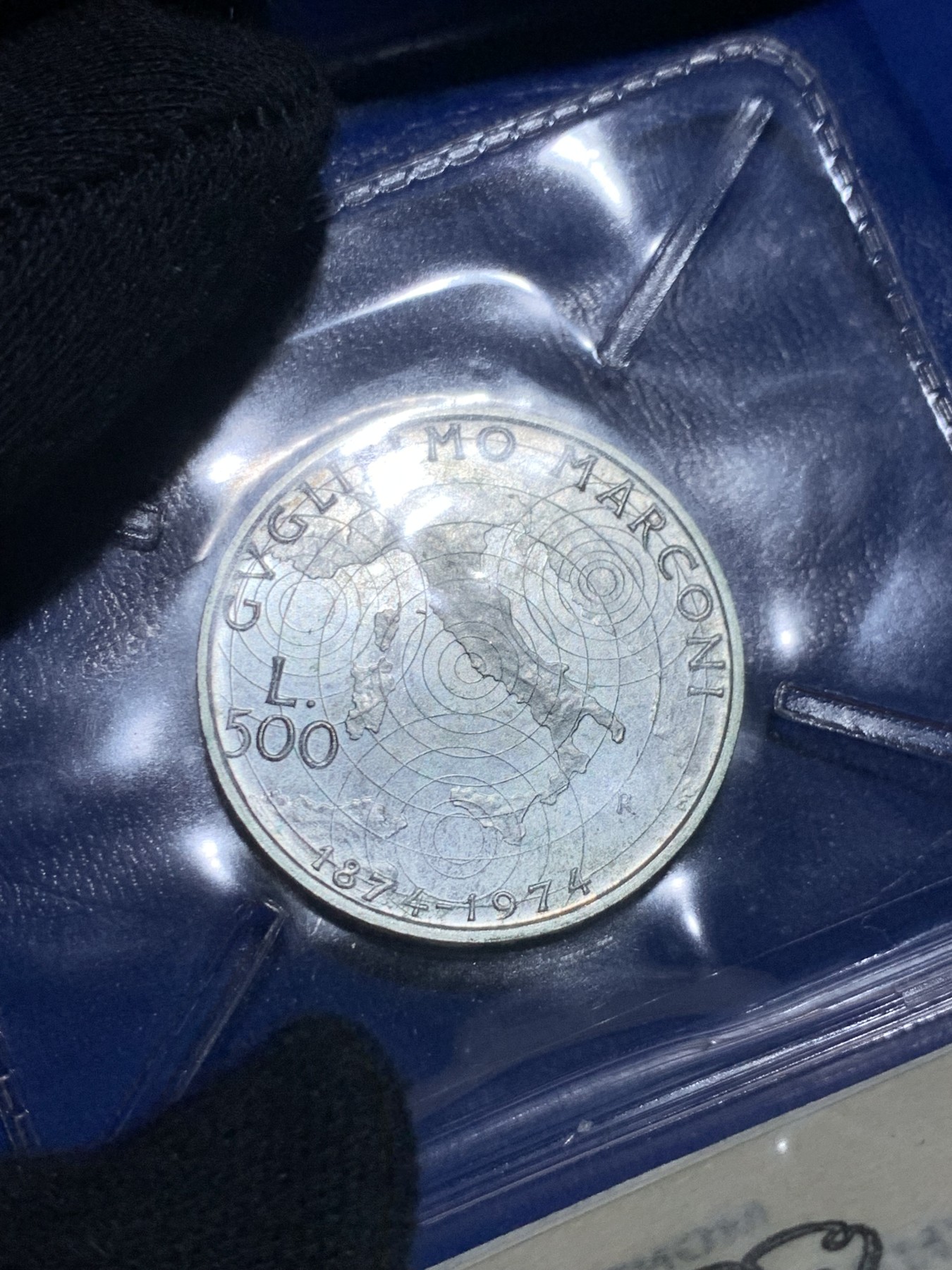 《竞宝斋》第238场-周日，周一，周二，周三 疯狂4连拍 (全场包邮) 全新原包装 意大利 1974年 500里拉 无线电报之父伽利尔摩·马可尼诞辰100周年精制纪念银币 背面意大利地图配无线电花纹很有设计感