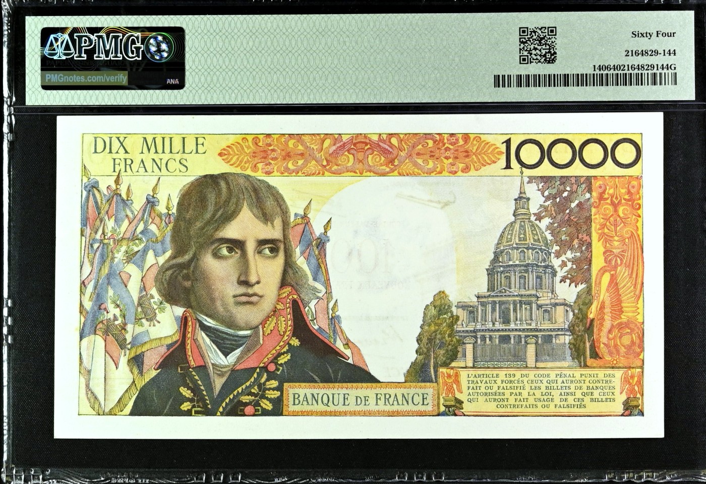 【Blue Auction】✨世界纸币精拍第425期【精】  【仅1张更高分 红字加盖过渡版仅发行1年最稀少版本 无背标珍罕】法国 1958年100新法郎加盖10000法郎 经典拿破仑 非常难得的品相 PMG64 大票幅 收藏级