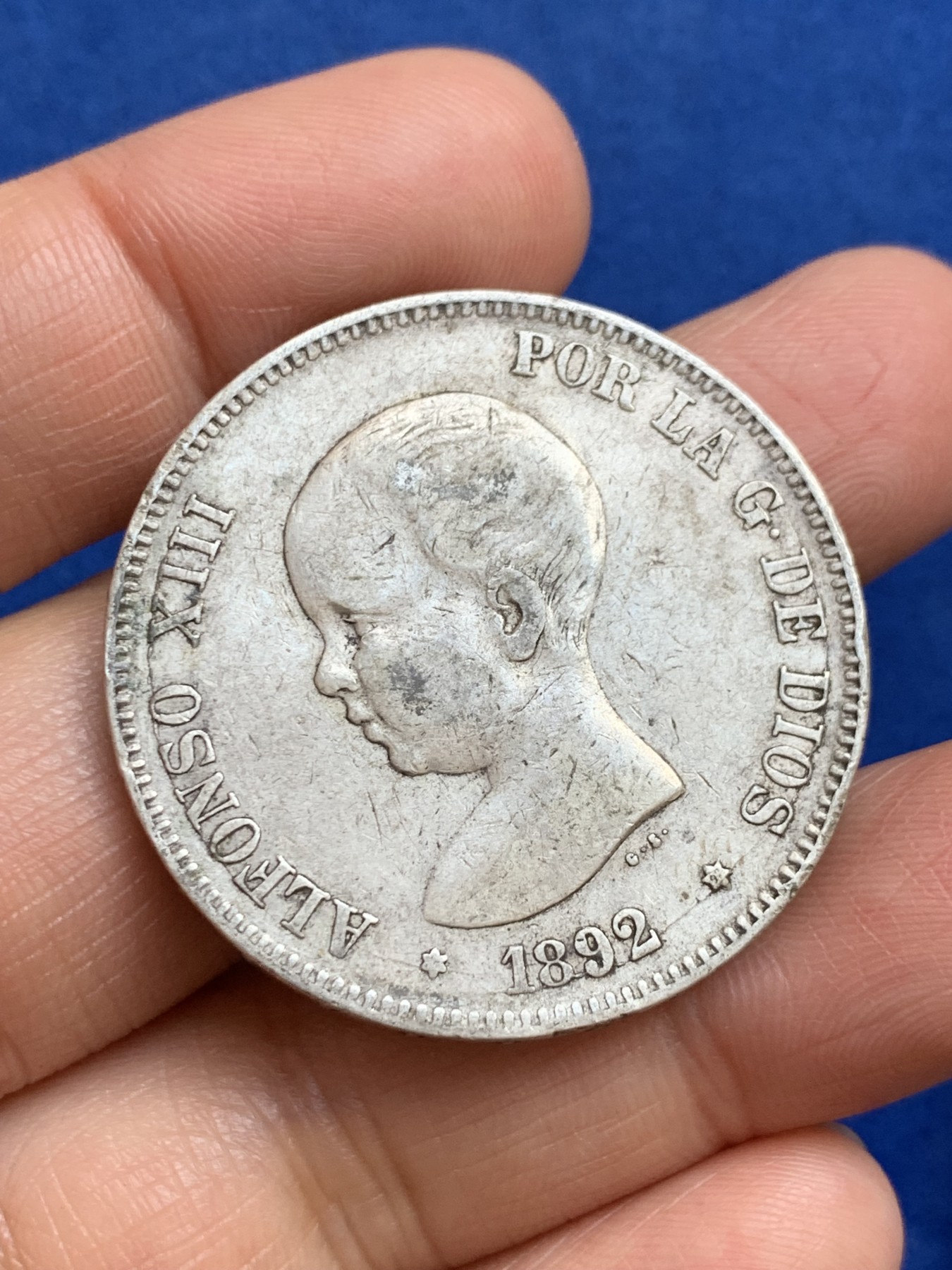 《竞宝斋》第238场-周日，周一，周二，周三 疯狂4连拍 (全场包邮) 西班牙 1892年 阿方索十三世光头版 5比塞塔 双柱大银币