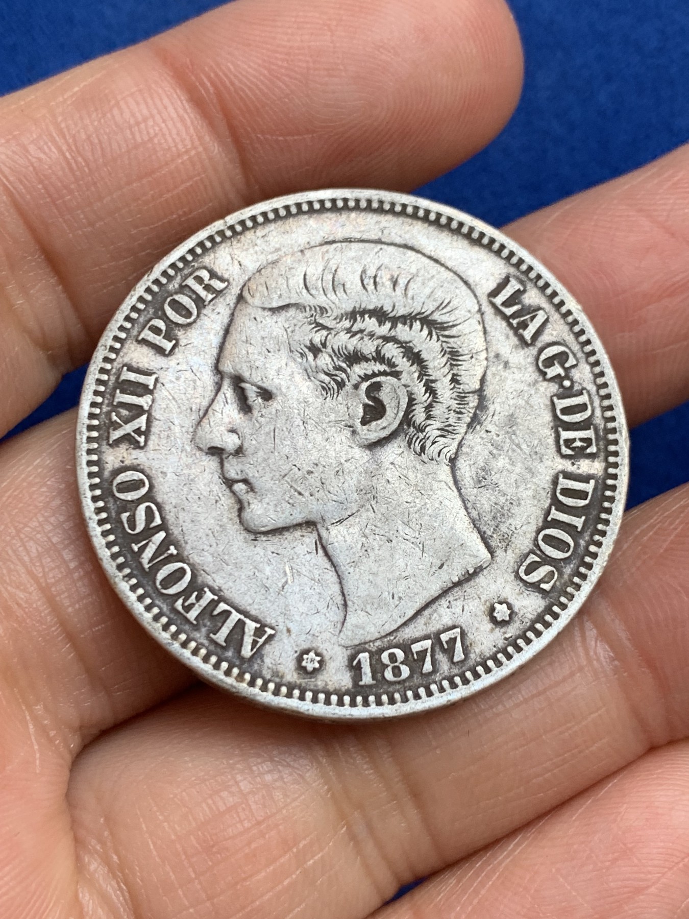 《竞宝斋》第238场-周日，周一，周二，周三 疯狂4连拍 (全场包邮) 西班牙 1877年 阿方索十二世 5比塞塔 双柱大银币