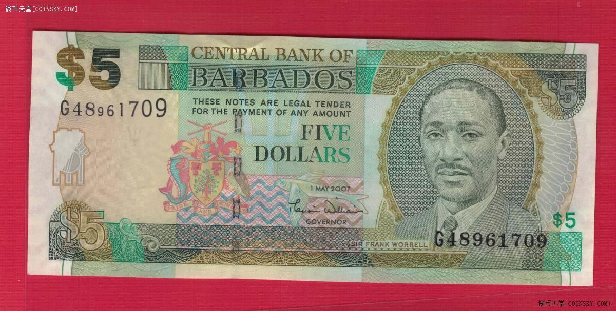 巴巴多斯2007年5元 美洲纸币 实物图 UNC