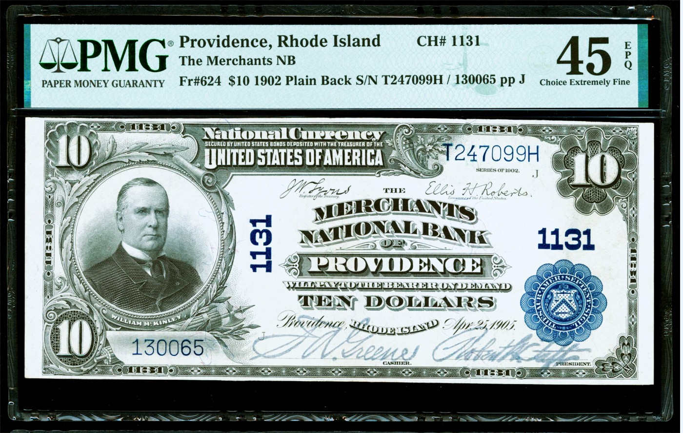 【Blue Auction】✨世界纸币精拍第425期【精】    【无47 极少见美国最小的州罗德岛版本 手签】美国 1902年10美金 PMG45EPQ 原票 正面人物为美国第25任总统威廉·麦金莱 1934年500美金纸币上同款人物 大票幅雕刻精美 轻微折印 非贯穿折 值得收藏