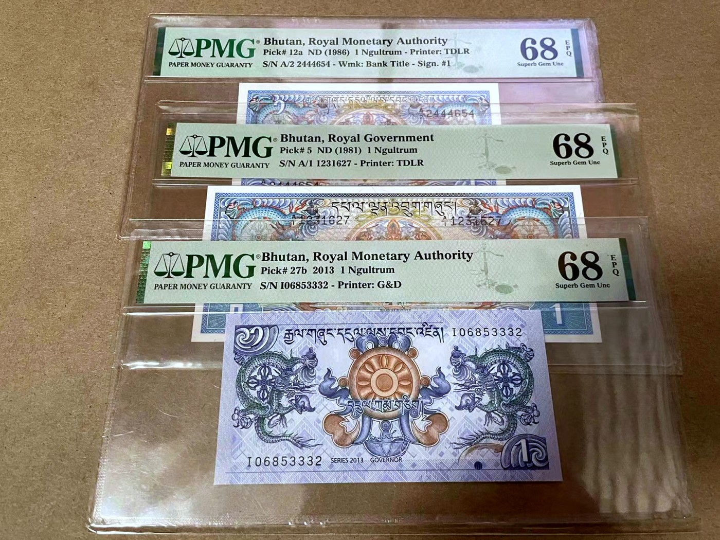 【Blue Auction】✨世界纸币精拍第425期【精】 【一组3张高分“龙钞”】不丹 1981-2013年1努尔特鲁姆 PMG68EPQ 超高分