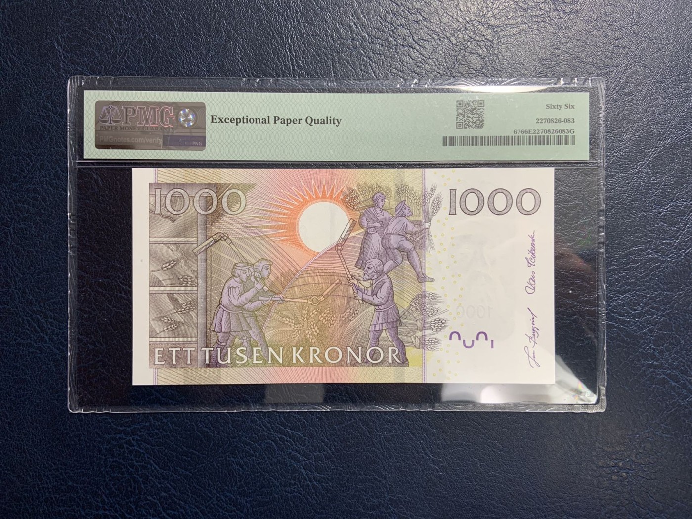 收藏联盟Quantum Auction 第320期拍卖  瑞典2005年1000克朗 PMG66 号码全程无47 古斯塔夫国王