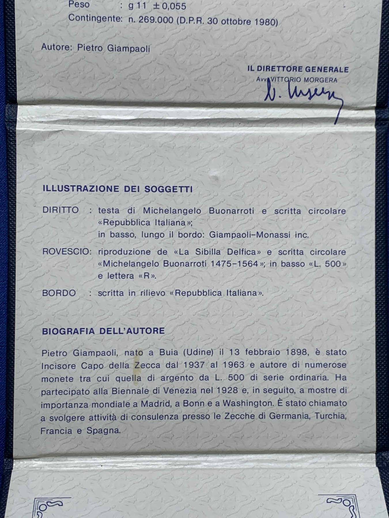 《竞宝斋》第238场-周日，周一，周二，周三 疯狂4连拍 (全场包邮) 意大利1975年500里拉米开朗基罗原册 带环彩 很好看