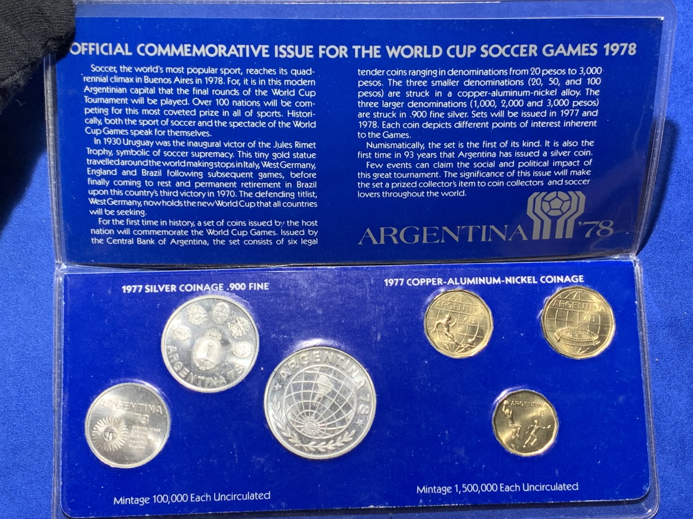 《竞宝斋》第238场-周日，周一，周二，周三 疯狂4连拍 (全场包邮) 阿根廷 1977 世界足球锦标赛 6枚套 含3枚银币 银币总重50克900银
