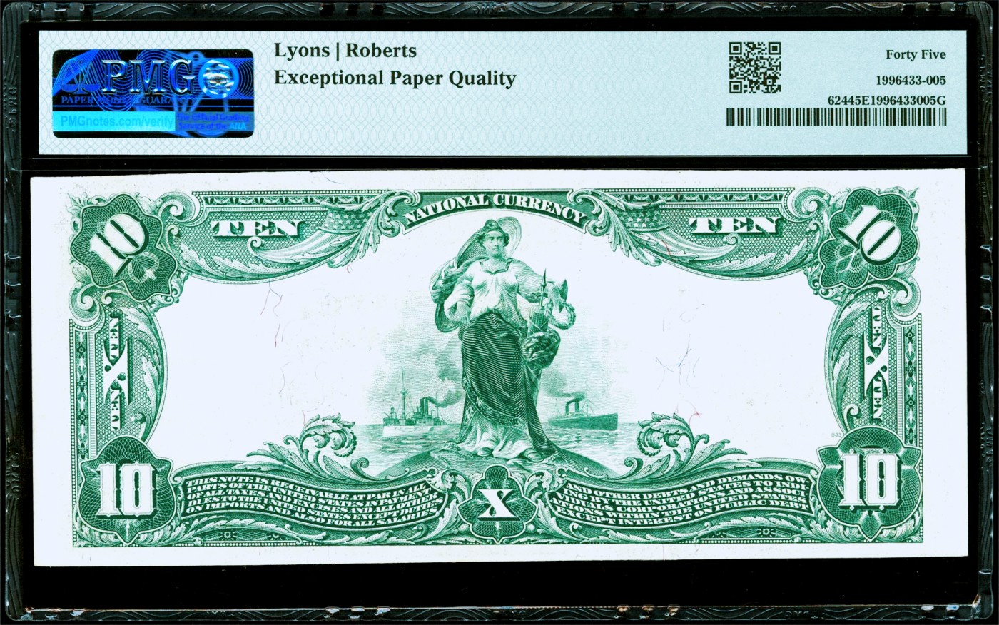 【Blue Auction】✨世界纸币精拍第425期【精】    【无47 极少见美国最小的州罗德岛版本 手签】美国 1902年10美金 PMG45EPQ 原票 正面人物为美国第25任总统威廉·麦金莱 1934年500美金纸币上同款人物 大票幅雕刻精美 轻微折印 非贯穿折 值得收藏