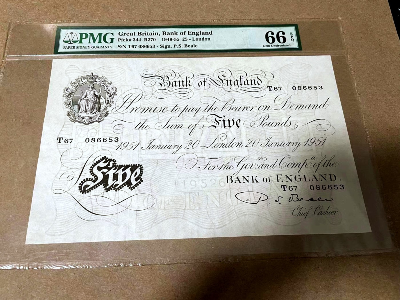 【Blue Auction】✨世界纸币精拍第425期【精】 【名家旧藏 无47】英国 1949-55年5镑 白色英镑 超大票幅 PMG66EPQ 
