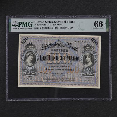 【亘邦集藏】第185期拍卖 - 1911年 德国100马克 PMG 66EPQ 240821