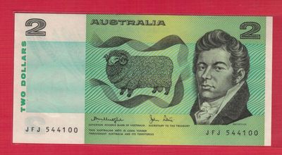 澳大利亚1974年至1985年版(1979年)2元 P-43c 00双尾 签名如图 实物图 UNC - 澳大利亚1974年至1985年版(1979年)2元 P-43c 00双尾 签名如图 实物图 UNC