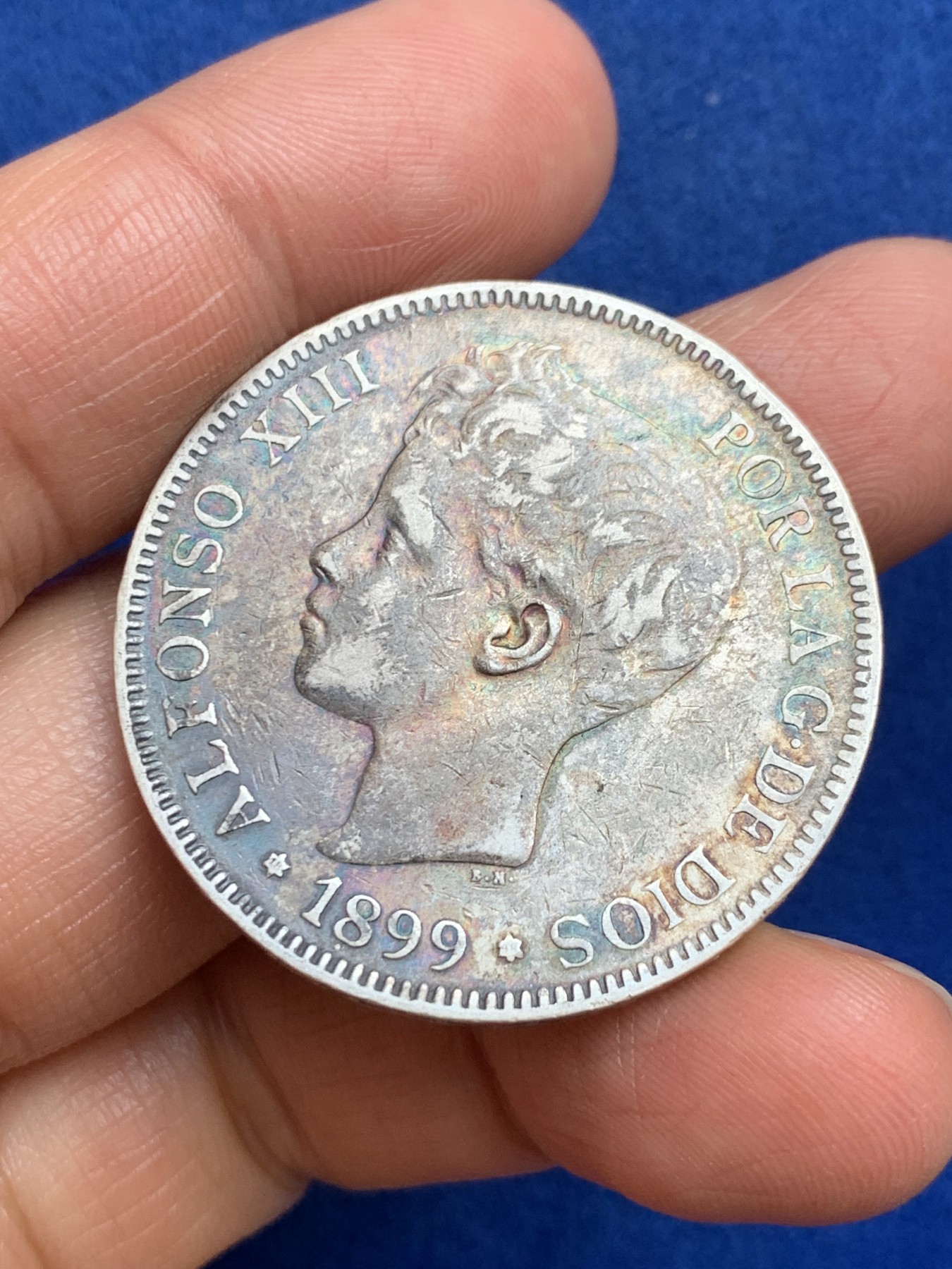 《竞宝斋》第238场-周日，周一，周二，周三 疯狂4连拍 (全场包邮) 西班牙 1899年 国王阿方索十三世 小孩头 5比塞塔 双柱 银币