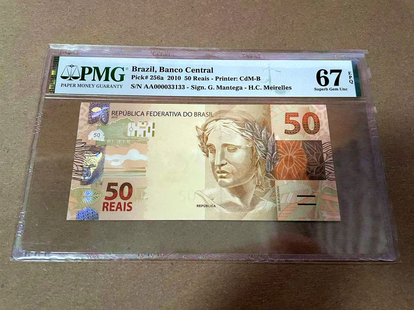 【Blue Auction】✨世界纸币精拍第425期【精】 【AA冠33133小号】巴西 2010年50瑞斯 PMG67EPQ 
