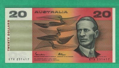 澳大利亚1974年至1994年版(1985年)20元 P-46e 签名如图 实物图 UNC - 澳大利亚1974年至1994年版(1985年)20元 P-46e 签名如图 实物图 UNC