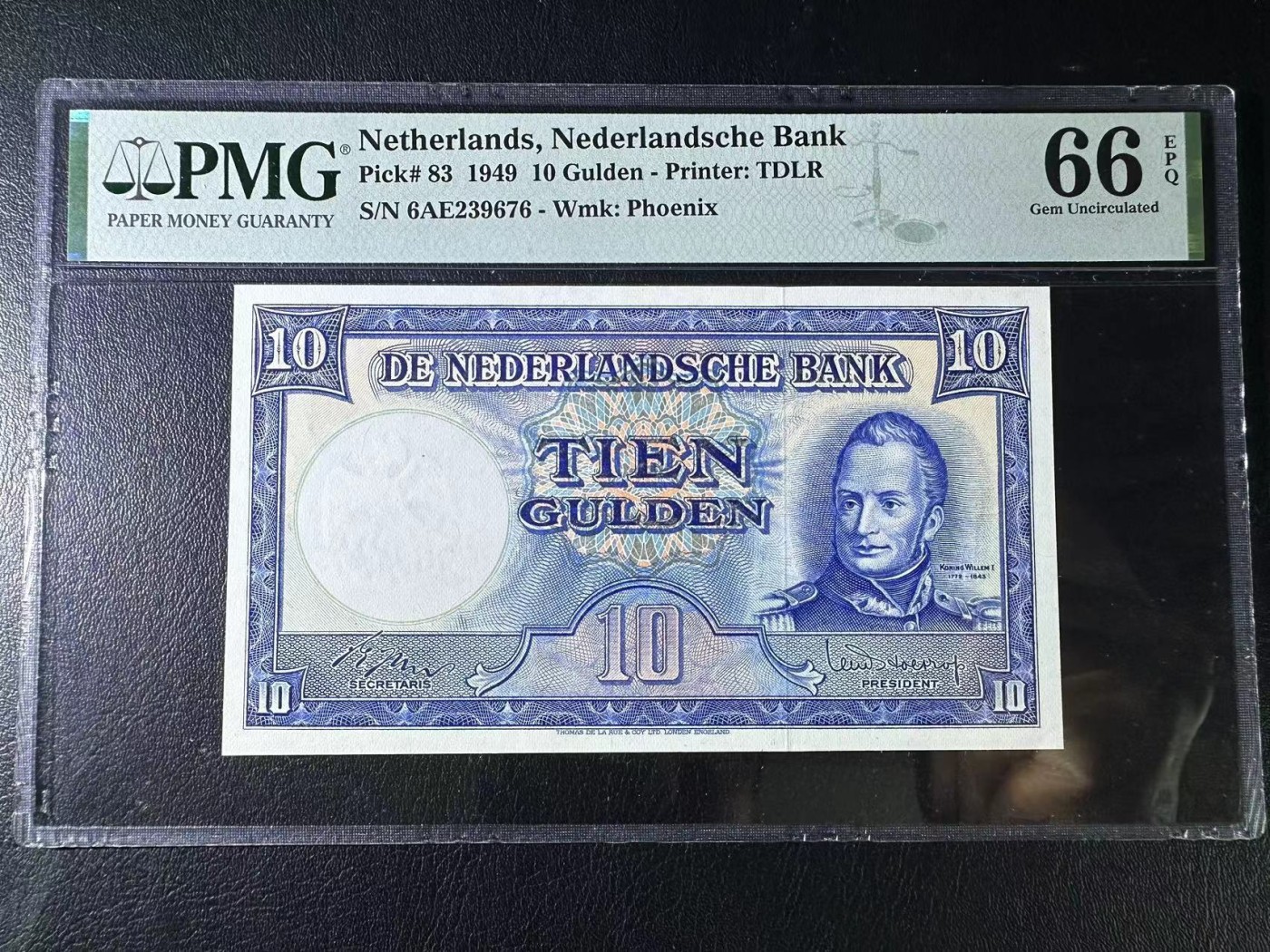 【Blue Auction】✨世界纸币精拍第425期【精】   【仅1张更高分】荷兰 1949年10盾 PMG66EPQ 正面国王威廉一世 背面名画 风车 精美 PMG66EPQ