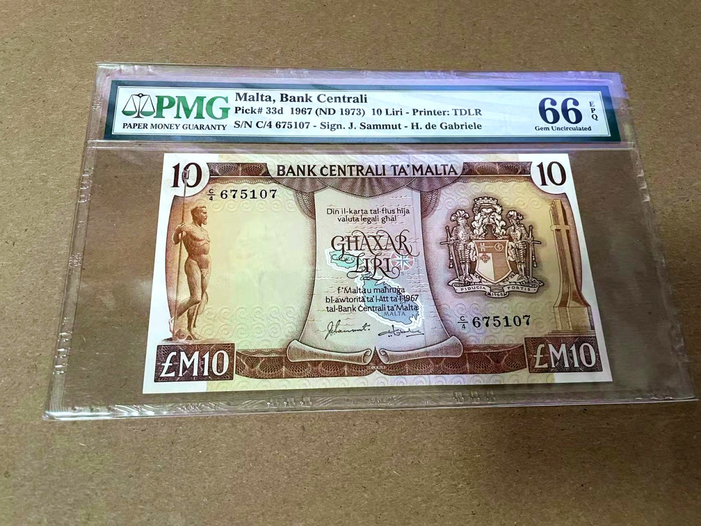 【Blue Auction】✨世界纸币精拍第425期【精】 马耳他 1973年10里拉 经典彩背 PMG66EPQ 