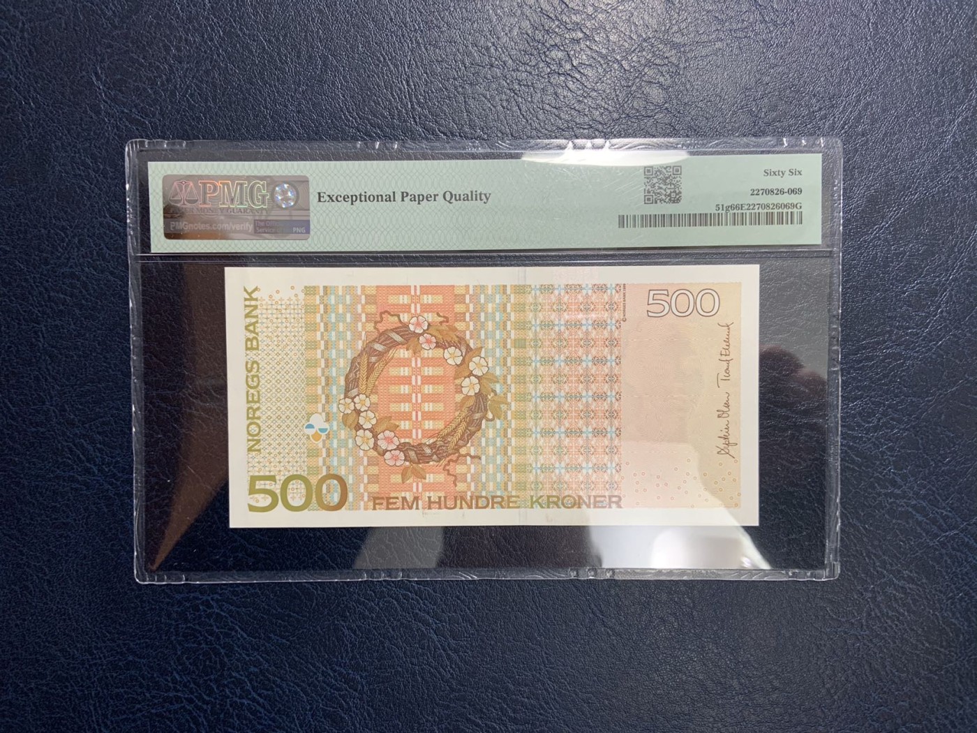 收藏联盟Quantum Auction 第320期拍卖  挪威2015年500克朗 PMG66 号码全程无4 诺贝尔文学奖得主 温塞特